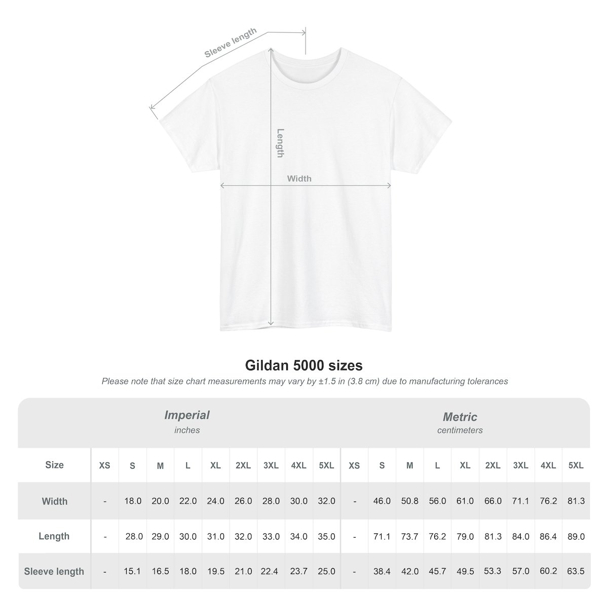 Esquema de medidas de Camiseta unisex Gildan 5000